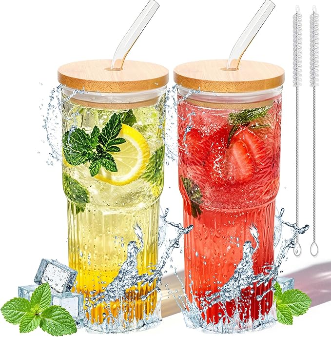 32oz Ribbed Glassware Large Cup, Glass Cups With Lids And Straws,Iced Coffee Cups With Lids,Glasses Drinking Set,Cute Cups,Boba Cup,With Straw Brush,Ideal Gift by VVXAMI