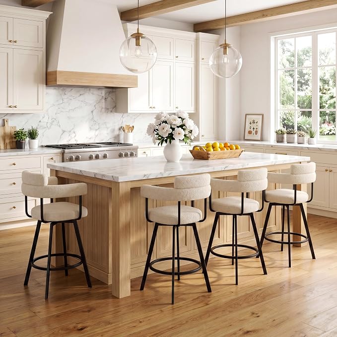 Flouki Swivel Bar Stools with Backs and Arms, Modern Bar Stools Set of 2 for Kitchen Island, 26" Upholstered Linen Counter Height Bar Stools for Kitchen Counter, Dining Room, Beige - Image 4