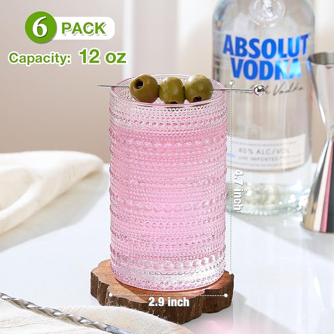 Colored Hobnail Drinking Glasses Set of 6, 12oz Vintage Kitchen Glassware, Embossed Beaded Glass Cups, Water Glasses, Colorful Water Tumbler for Cocktail, Juice, Various Mixed Drink (Dishwasher Safe) - Image 5