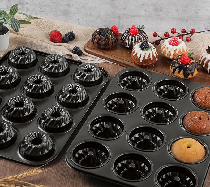 Webake 2 Pack Mini Fluted Tube Cake Pan, Non-Stick 2.8 Inch Cake Pans, Heavy Gauge Carbon Steel 12-Cavity - Image 6