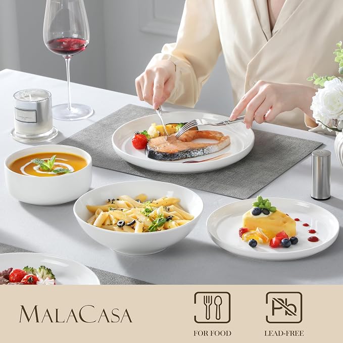 MALACASA 24 Pcs Porcelain Plates and Bowls Sets,Dinnerware Set for 6,White | Modern Ceramic Dishware,Kitchen Dining Ware,Microwave and Dishwasher Safe,Simple Solid White Design,Series LUNA - Image 3