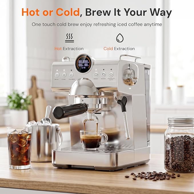 Kismile Espresso Machine with Milk Frother, 20Bar Hot & Cold Brew Semi-Automatic Expresso Coffee Machine with Single & Double Shot, LED Display for Home Barista Latte and Cappuccino - Image 2