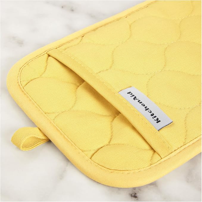 KITCHENAID Quilted Cotton Terry Cloth Oven Mitt, Pot Holder, Kitchen Towel 4-Pack Set, Heat Resistant, Silicone Grip, 16"x26", 7"x13" & 7"x10", Butter Yellow - Image 4