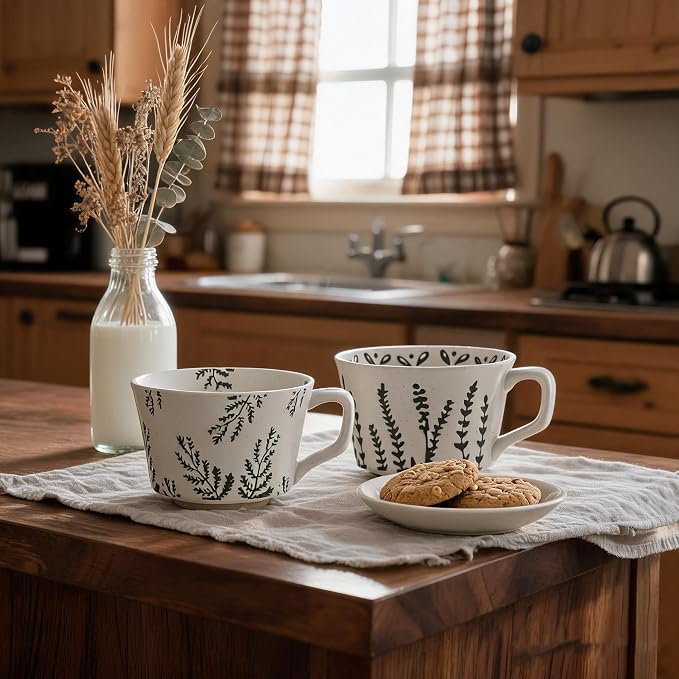 4 Pack Speckled Ceramic Coffee Mugs, 12oz Vintage Green Fern Leaf Large Tea Cups, Rustic Handmade Style Drinking Mugs for Coffee Tea Cocoa Milk, Dishwasher Microwave Safe, Housewarming Gift Set - Image 4