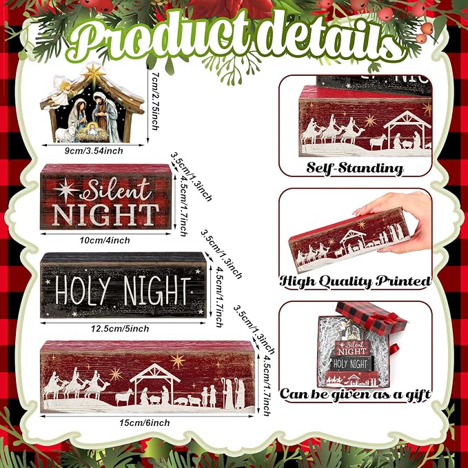 Moucuny 4 Pcs Christmas Table Decor Wooden Christian Religious Decoration Nativity Scene Centerpiece Holy Night Tiered Tray Decor Red and Black Buffalo Plaid Block Signs Xmas Decoration for Kitchen - Image 4