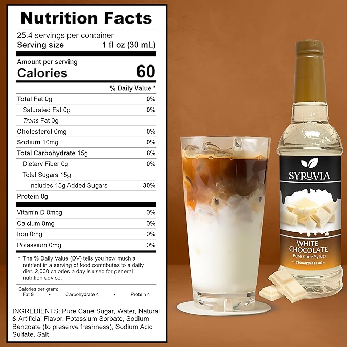 Syruvia Coffee Syrup, White Chocolate Flavored Syrup for Drinks, Lattes, and Desserts – 25.4 fl oz