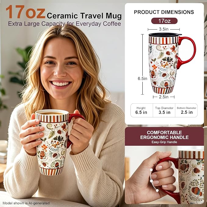 Topadorn 17oz Ceramic Travel Mug with Lid & Handle, Ceramic Coffee Mug | Woodland Forest Ceramic Coffee Mug, Nature Inspired Botanical Travel Cup, Microwave & Dishwasher Safe, Gift Box Included - Image 2