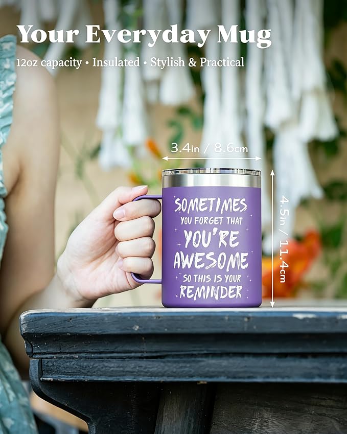 Inspirational Coffee Mug for Women, 12oz Insulated Stainless Steel Mug with Handle & 2 Lids – Sometimes You Forget You’re Awesome, Birthday & Appreciation Gift for Friend, Coworker, Purple - Image 2