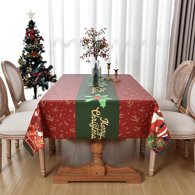 Christmas Tablecloth Heavy Duty Vinyl Red 54x54 inch Rectangle Christmas Table Cloth Reusable Waterproof Foldable Plastic Tablecloths PVC Xmas Table Cover for New Year Party Decor - Image 6