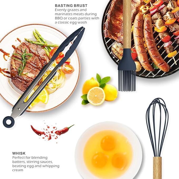 oannao Silicone Cooking Utensils Set - 446°F Heat Resistant Silicone Kitchen Utensils for Cooking,Kitchen Utensil Spatula Set w Wooden Handles, BPA FREE Gadgets for Non-Stick Cookware (Navy Blue) - Image 4