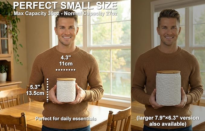 Small Engraved Ceramic Kitchen Canister - Storage Jars with Airtight Lids Made from Bamboo with Nature-Inspired Engraving - Use as a Pasta Holder, Coffee Ground Holder, Rice Container - 30 Ounces - Image 4
