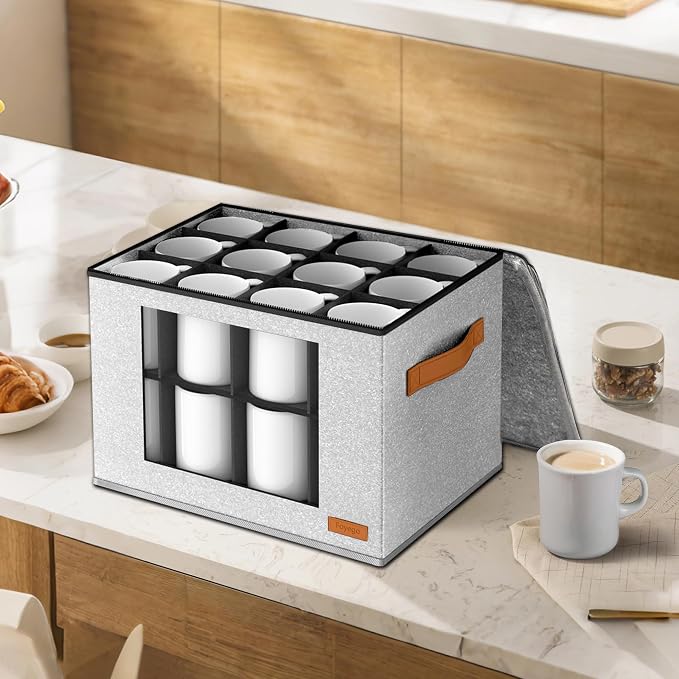 Foyego Cup and Mug Storage Box with 24 Dividers, Light Grey, 2-Layer | with Lid, Visible Window, Soft Handles, for Packing and Moving, Stackable Storage Containers for Coffee Mug Cups and Glasses - Image 7