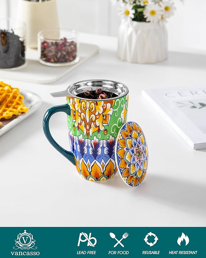 vancasso Ceramic Tea Mug with Infuser and Lid, 18 Ounce Bohemian Loose Leaf Cup, Microwave & Dishwasher Safe, Perfect for Tea, Coffee, Lime-Green Fiesta - Image 3