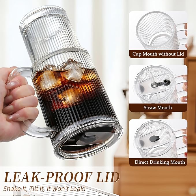 Iced Coffee Cups with Lids 2Pcs: Ribbed Glass Tumbler with Straw and Lid 24oz - Coffee Bar Accessories - Glass Cups and Tumblers with Lids and Straws - Tumbler Leak Proof - Coffee Tumbler with Handle - Image 4
