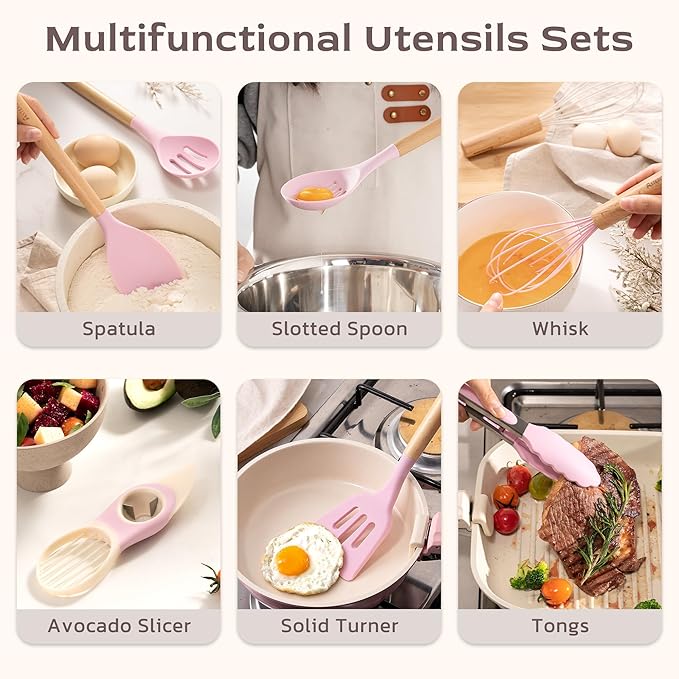 Astercook Kitchen Utensils set, 39 PCS Silicone Cooking Utensils Set with Wooden Handle, 446°F Heat Resistant Food Grade Utensil Sets, BPA Free Kitchen Gadgets Tools Set for Nonstick Cookware (Pink) - Image 5