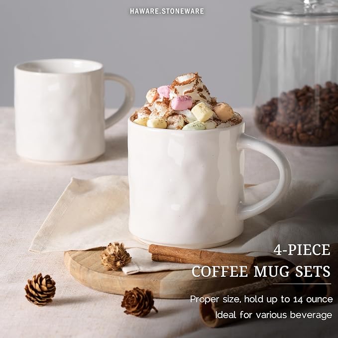 HaWare Coffee Mugs Set of 4, 14 Ounce, Speckled White | Stoneware Latte Mugs with Handle, Modern Tea Mugs for Man Woman, Dad, Mom, Drinking Cups for Cappuccino/Cocoa/Milk - Image 3