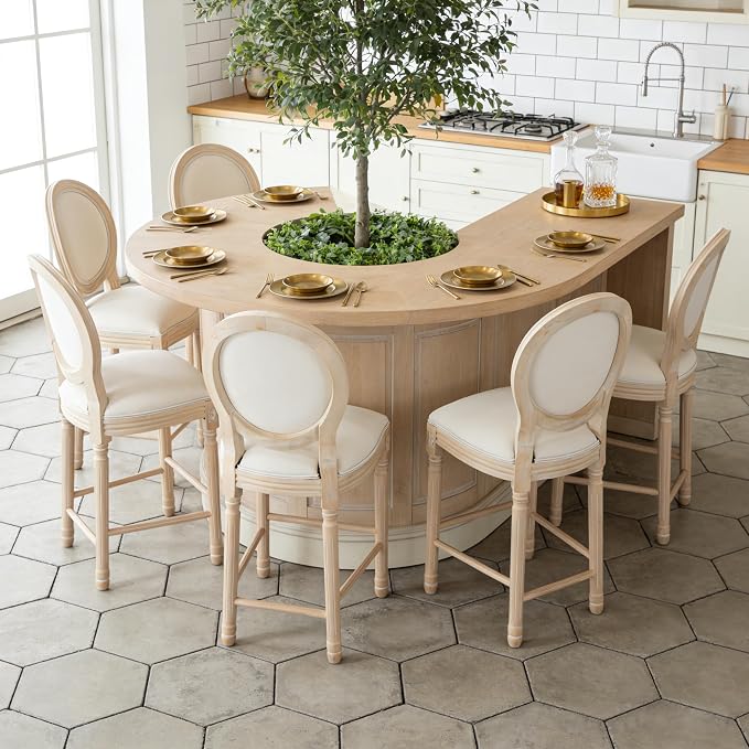 French Country Barstool, Linen Farmhouse Counter Height Chair | Set of 6, with Cushion Round Back and Solid Wood Legs, Oval Chairs for Restaurant, Bar, Kitchen, Café, Beige - Image 2