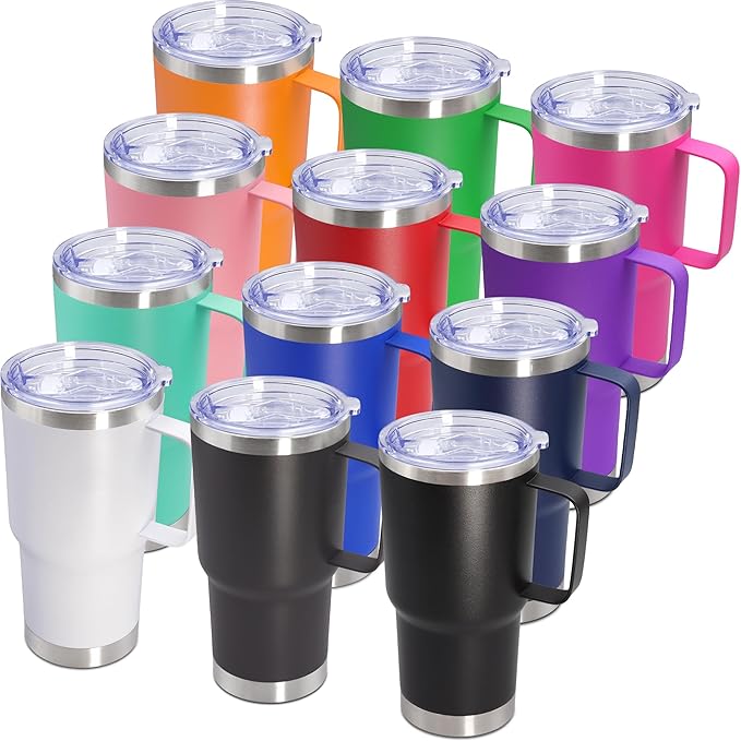 20 oz Tumbler with Handle and Lid Insulated Travel Coffee Mug Mix 12P | Stainless Steel Tumbler, coffee tumbler with handle,Spill Proof Double Wall Vacuum Tumbler Cup Keep Drink Hot & Cold by ATQTQ