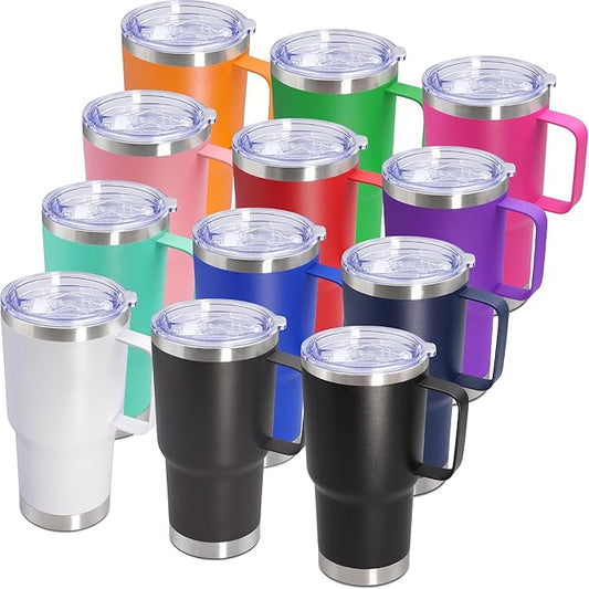20 oz Tumbler with Handle and Lid Insulated Travel Coffee Mug Mix 12P | Stainless Steel Tumbler, coffee tumbler with handle,Spill Proof Double Wall Vacuum Tumbler Cup Keep Drink Hot & Cold by ATQTQ