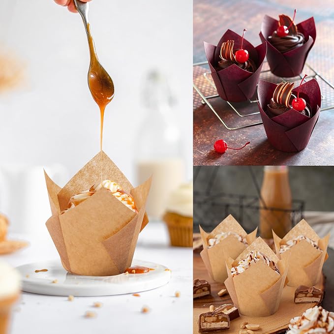 150 Pcs Mini Cupcake Liners Muffin Liners Baking Cups | Tulip Cupcake Liner for Baking Wedding, Birthday, Baby Shower Parties, Brown, Natural - Image 4