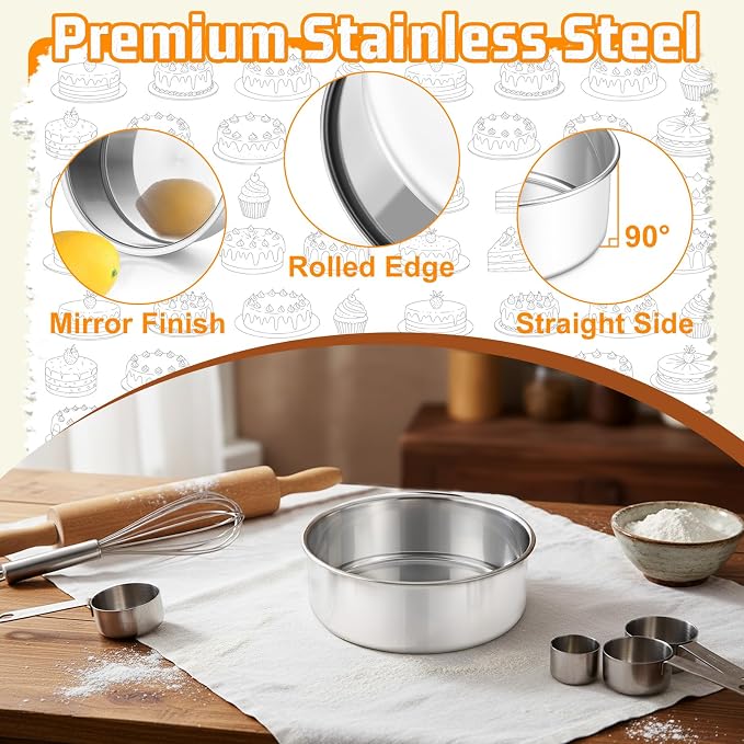 E-far 5 Inch Cake Pan Set of 3, Stainless Steel Small Round Baking Pans Tins for Layer Smash Birthday Cakes, Dishwasher & Oven Safe, Healthy & Non-toxic, Leak Proof & Mirror Polished - Image 3