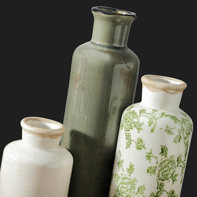 Vintage Vase Set of 3, Ceramic Vintage Flower Vases, Chinoiserie Decorative Home Decor Retro Floral Vase Rustic Farmhouse Decor for Table Bookshelf Mantel Kitchen Living Room Office - Green and Beige - Image 4