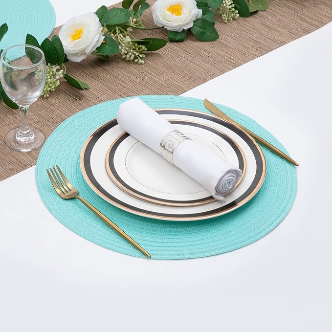 SHACOS Round Placemats Set of 6 Washable 15 inch Round Table Mats Cotton Polyester Woven Braided Place Mats for Dining Table (Aqua, 6) - Image 7