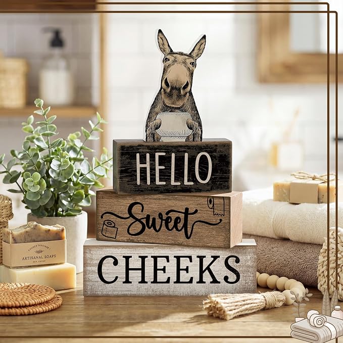 Moucuny 4 Pcs Donkey Bathroom Decor Set Farmhouse Bathroom Decor and Accessories Rustic Hello Sweet Cheeks Wooden Blocks Signs Funny Donkey Toilet Shelf Decoration for Home Office Half Bath - Image 5