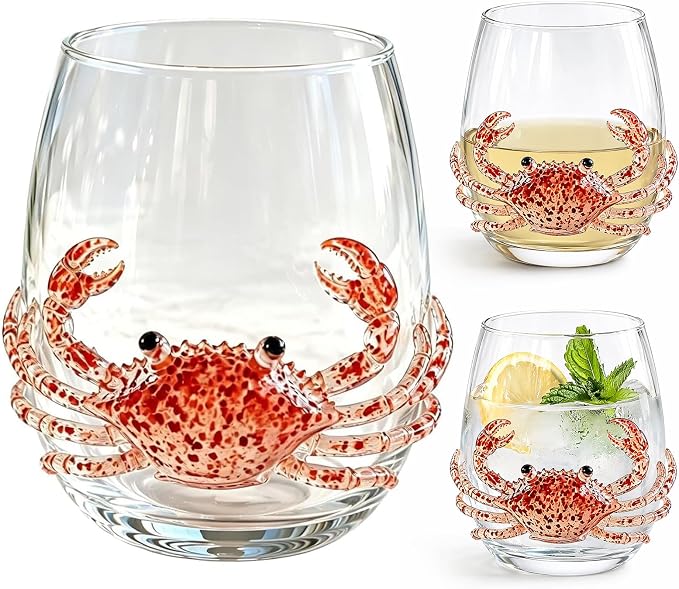 Ocean Themed Crab Hand-Blown Coastal Glassware for Birthday & Holiday Gifts | Ocean Themed Octopus Glassware Hand Blown Coastal Stemless Wine Glasses Unique Coastal Decor Gift for Ocean Lovers - Image 2