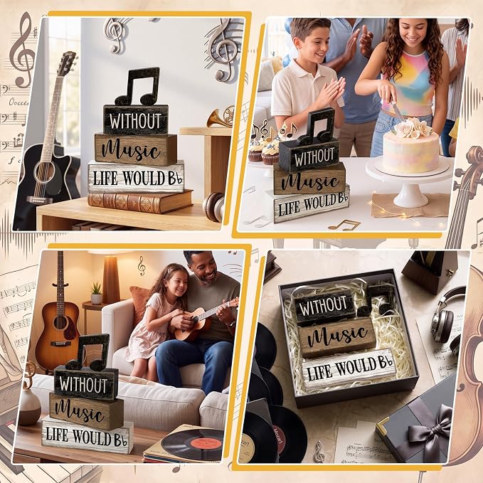 Moucuny 4 Pcs Music Notes Decor Wooden Centerpiece Musicical Party Decoration Musical Notes Theme Tiered Tray Table Signs, Farmhouse Wood Book Stack Decor Office Accessories for Music Home Room Gift - Image 5