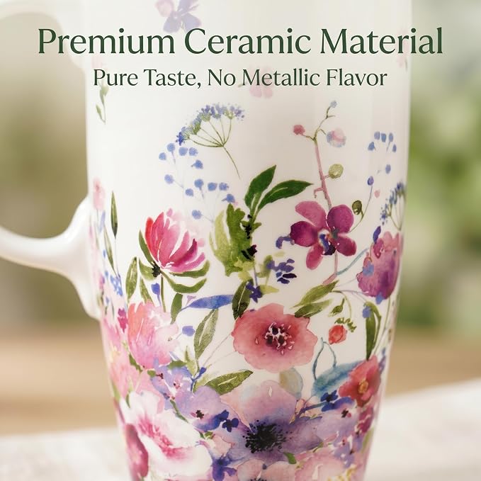 Topadorn 17oz Ceramic Travel Mug with Lid, Floral Coffee Mug with Handle | 17oz Ceramic Travel Mug • Floral Watercolor Design • Spill-Resistant Lid • Microwave & Dishwasher Safe • Gift Box - Image 3