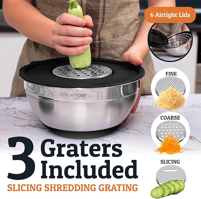 Priority Chef Stainless Steel Mixing Bowls with Lids Set - Premium 30Pcs with 6pc Metal Bowl Set for Kitchen, 3 Graters, Airtight Lids, Non-Slip Bases & Silicone Utensils, Black
