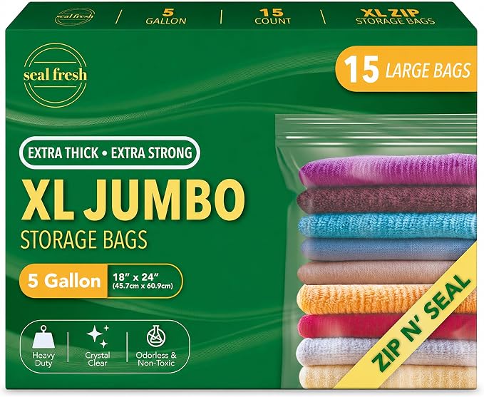Seal Fresh 5 Gallon Large Plastic Storage Bags – 18" x 24" (15 Count) – Reusable XXL Extra Large Clear Jumbo Zip Bags with Sealable Zipper Top For Clothes, Travel, Moving by SealFresh