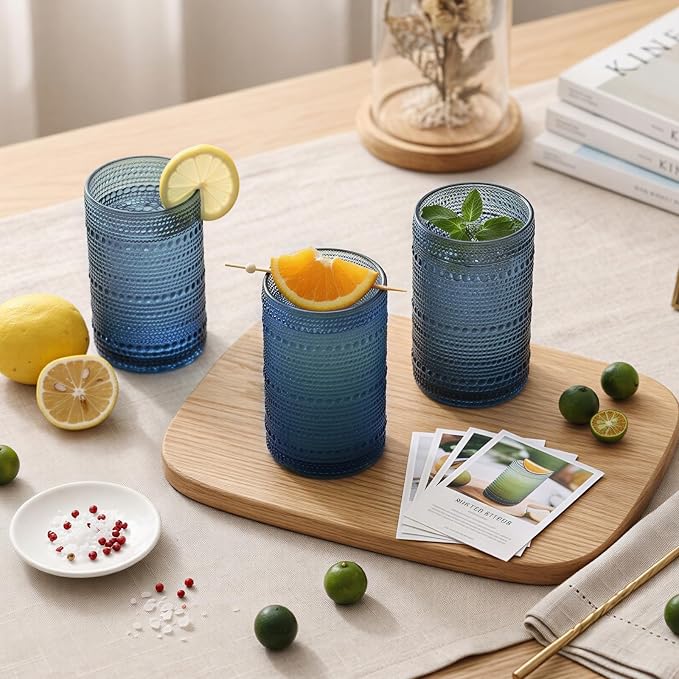 Moretoes Large 15oz Blue Hobnail Drinking Glass Set of 12 | Vintage Glassware,Embossed Glass Cups,Water Tumbler,Highball Glasses For Beer, Juice And Various Mixed Drinks - Image 7