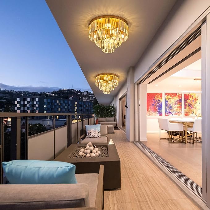 21.65" 10 Light Gold Crystal Ceiling Light for Dining Room | K9 Crystal, Stainless Steel, 3 Tier, E12 Base, Flush Mount, for Kitchen Island Living Room Bedroom Entryway - Image 4