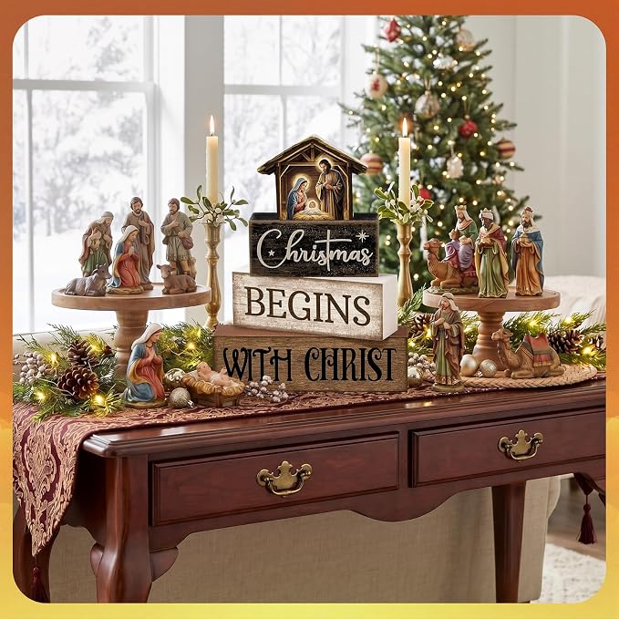 Moucuny 4 Pcs Christmas Table Decoration Christian Wooden Stacked Block Decor, Christmas Begins with Christ Signs with Nativity Scene Topper, Rustic Religious Xmas Tiered Tray Decor for Home Church - Image 4