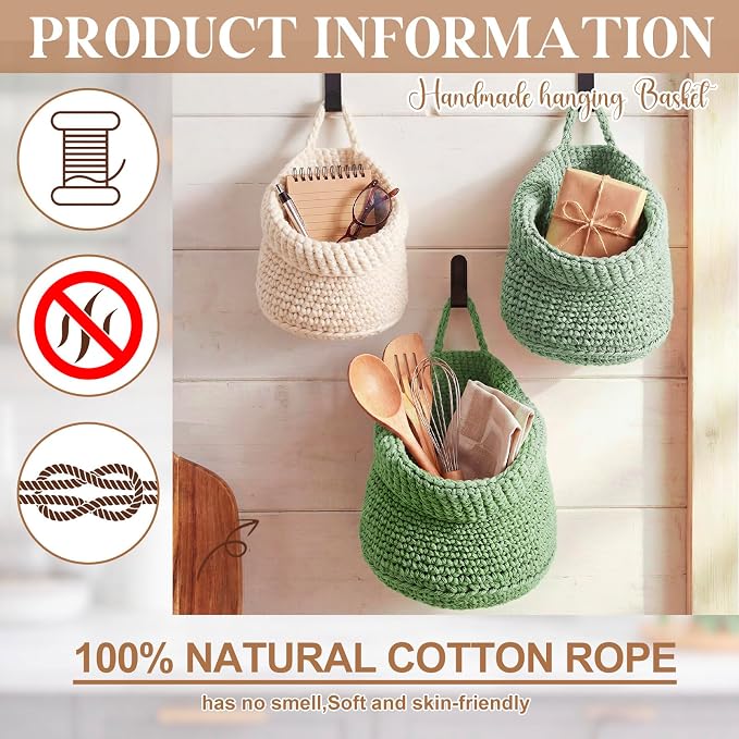 Honeydak Boho Decor Hanging Wall Baskets for Kitchen 3 Pack Teardrop Baskets with Hooks Storage Fruit Onion Vegetable Potato for Home 3 Sizes(Sage Color Palette,Barrel,Cotton Rope) - Image 3
