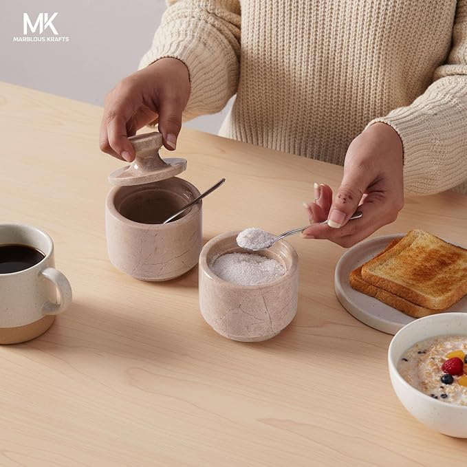 MARBLOUS KRAFTS Marble Salt Cellar 3" Inch Verona Stone Salt Container, Ideal Set of 2 Coffee Storage Container Kitchen Countertop, Candy Jars with Lids and Spoons, Spice Storage - Image 4