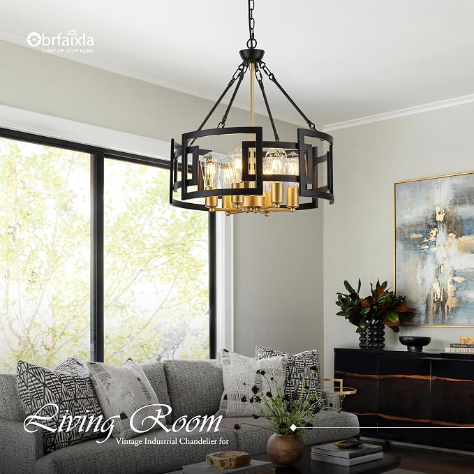 Modern 19.7" Black Gold Chandelier for Dining Room Industrial Vintage Semi Flush Mount 6-Light Round Pendant Ceiling Light Fixture for Kitchen Bedroom Living Room Hallway Entryway Foyer - Image 6