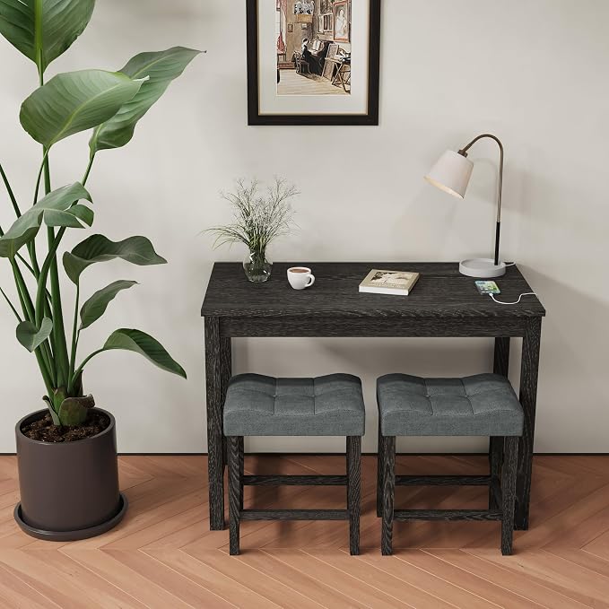 allamazing 3-Piece Counter Height Bar Table Set with Socket and 2 Fabric Padded Bar Stools, Tall Kitchen Breakfast Dining Table Set with Stools (1+2 Black) - Image 8