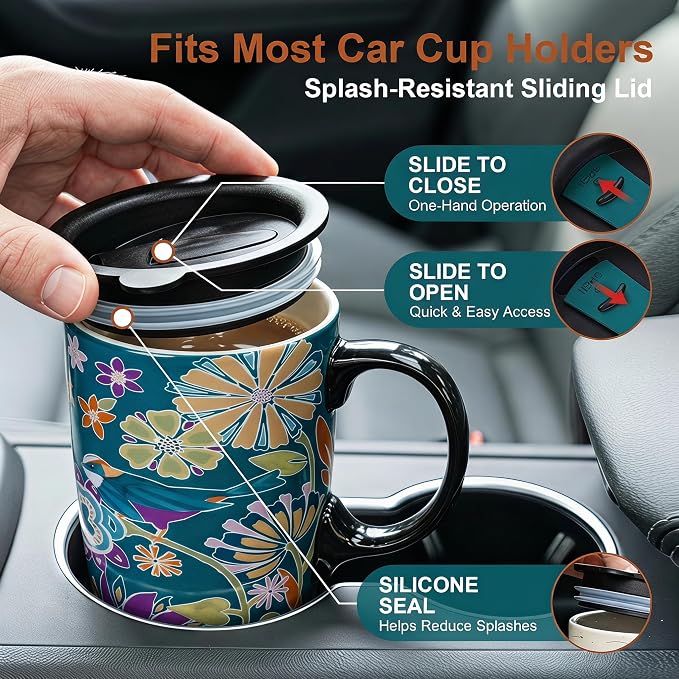 Topadorn 17oz Ceramic Travel Mug with Lid, Floral Coffee Mug, Folk Art Bird | Colorful Ceramic Coffee Mug With Handle, Splash-Resistant Lid, Microwave And Dishwasher Safe, Matching Gift Box Included - Image 5