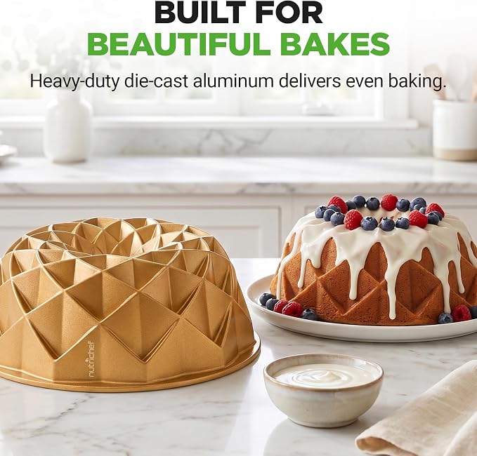 NutriChef 9-Inch Cake Pan - 9 Cups Nonstick Heavy Cast Aluminum Cake Mold for Baking - French Wreath Design for Uniform Baking - Easy to Clean, Gold - Image 4