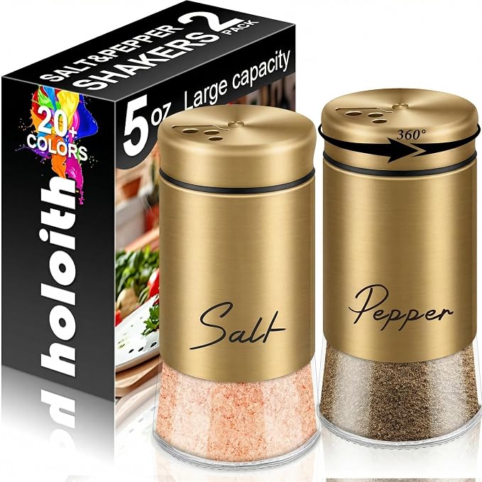 Gold Salt and Pepper Shakers Set, 5 oz | Modern Farmhouse Kitchen Decor, Restaurant & Wedding Use, Housewarming Gifts, Refillable Design by Holoith