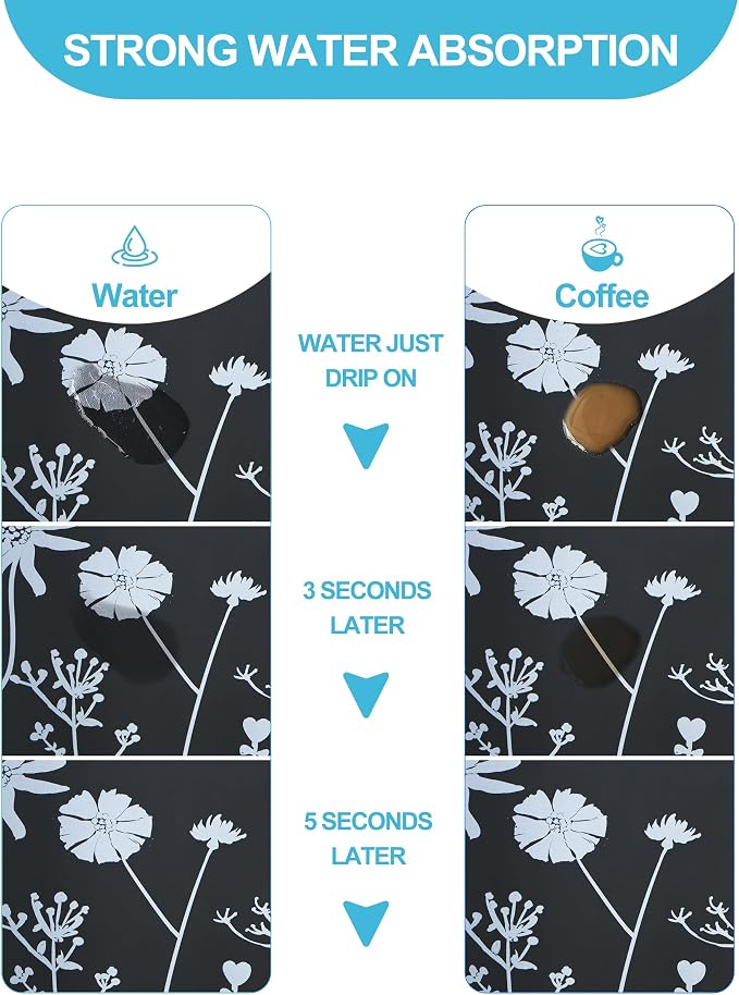 Dish Drying Mat for Kitchen Counter, 16"x24" Rubber Backed (Gray Daisy) | Hide Stain Anti Absorbent for Kitchen Counter, Non-slip Drying Mat for Coffee Machine Dish Rack - Image 2