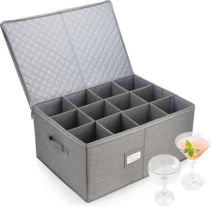 LotFancy Stemware Storage Container for Moving, Hard Shell, Wide Wine Glass Storage Box with Dividers & Handles, Stackable, Foldable Crystal Glassware Case, 21”x15.5”x10”, Grey by LotFancy