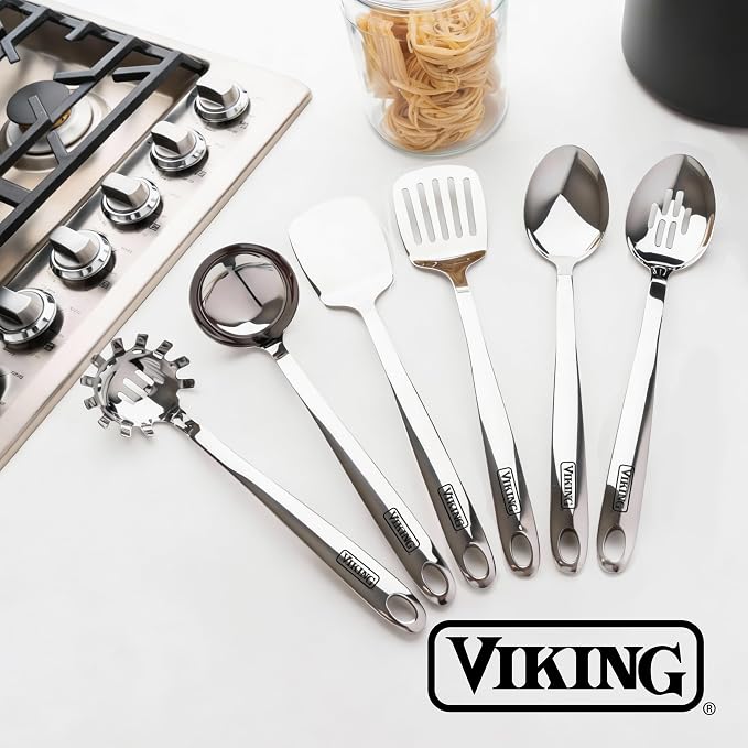 Viking Kitchen Utensils Set, 6 Piece Stainless Steel Cooking Utensil Set, Includes Spatulas, Spoons, Pasta Fork, and Deep Ladle, Hollow Forged, Silver - Image 7