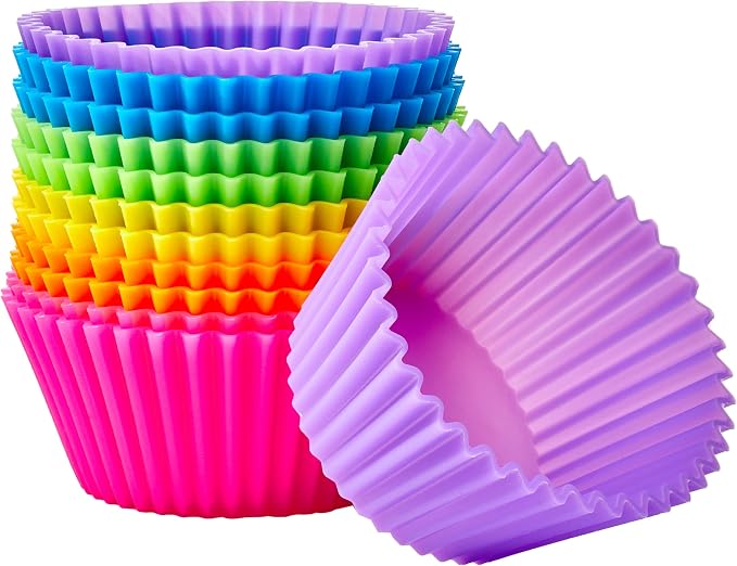 Amazon Basics Reusable Non-Stick Silicone Baking Cups, BPA Free, Muffin Liners, Dishwasher Safe, Microwave and Oven Safe, 2.9 x 2.9 x 1.3 in (LxWxH), Multicolor, 12-Pack by AmazonBasics