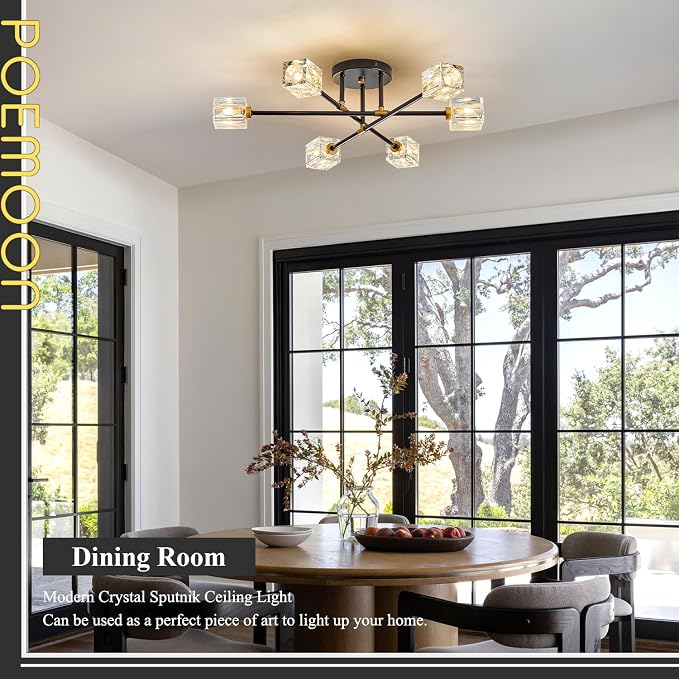 Black Gold Crystal Semi Flush Mount Ceiling Light Fixture Industrial 26" Sputnik Chandeliers 6 -Light Modern Chandelier for Foyer Entryway Kitchen Bedroom Living Room Dining Room - Image 7