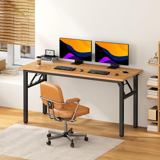 DlandHome 59.8 Inch Large Folding Computer Desk, Fully Assembled Teak Black | Foldable Writing Table, Portable Activity Conference Table for Home Office, Wood Top Metal Frame, Collapsible Easy Storage - Image 2