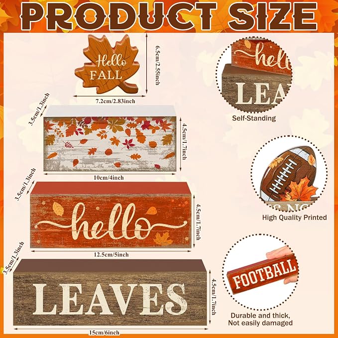 Moucuny 4 Pcs Fall Decor Wooden Maple Leaf Decoration Thanksgiving Tiered Tray Decor Rustic Wooden Maple Leaf Block Sign Thanksgiving Table Centerpiece Farmhouse for Autumn Harvest Party Kitchen Home - Image 2